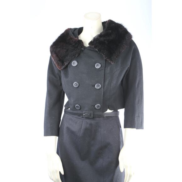 Kennie Belted Black Wool Skirt Suit Mink Fur Collar Jacket Vintage Set Size S - Picture 6 of 16